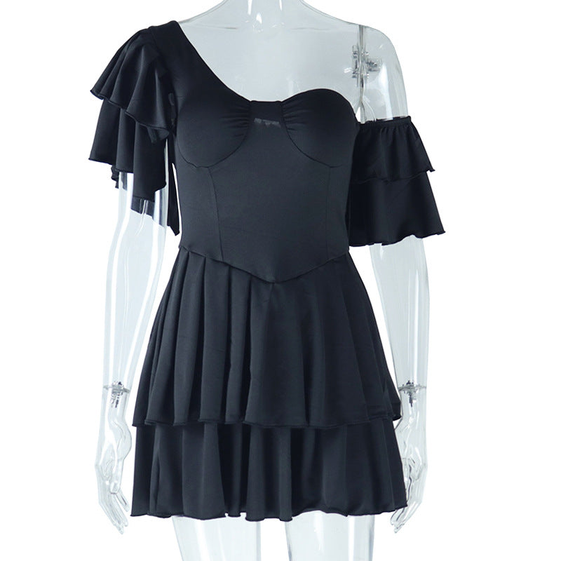 Solid Color Pleated Ruffle Sleeve Dress Irregular Asymmetric Diagonal Collar Tiered Dress Pullover Street Hipster Dress for Women