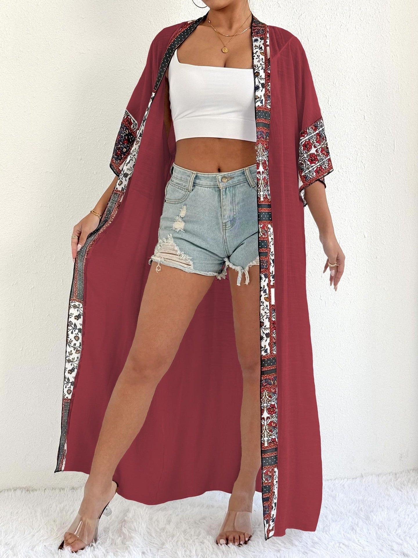 Women Sun Protection Cardigan Women Clothing Color Contrast Patchwork Long Coat Beach Bikini Cover up Blouse