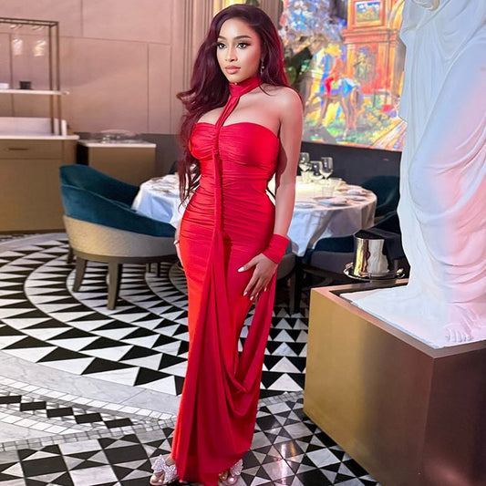 Solid Color Elegant Women Backless Lace up Tube Top Hip Pleated off Neck Dress Cocktail Dress Bella Mia