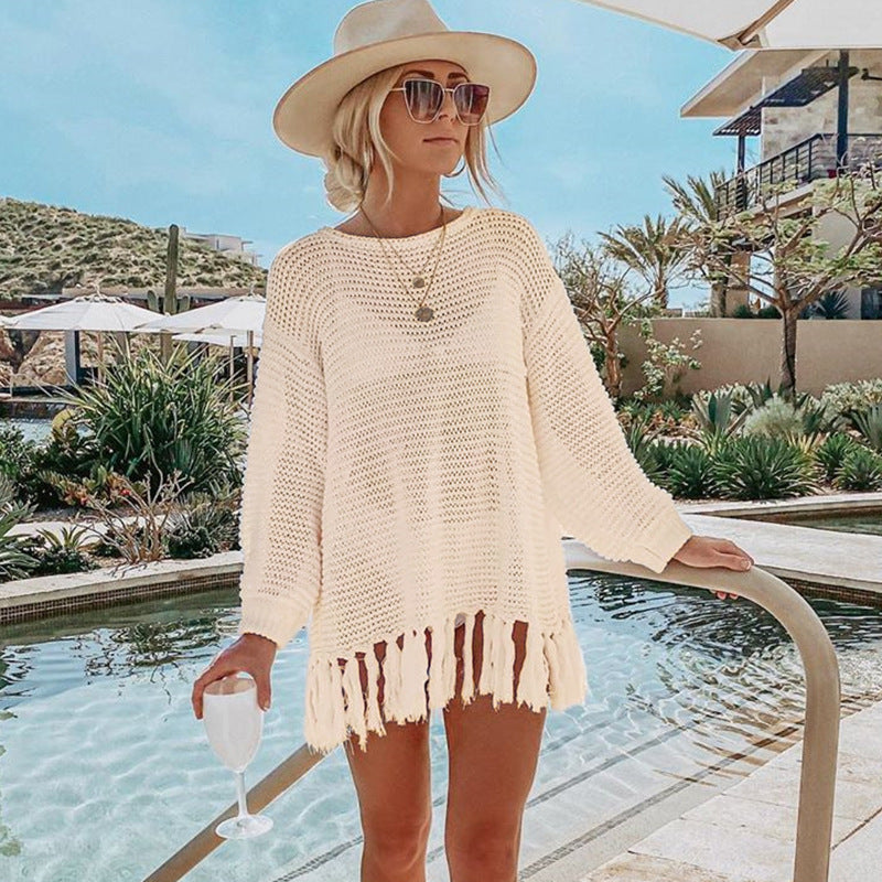 Hollow Out Cutout Knitted Tassel Beach Cover up Seaside Vacation Bikini Cover Swimsuit Outwear Sun Protection Clothing for Women Crochet hook Bella Mia