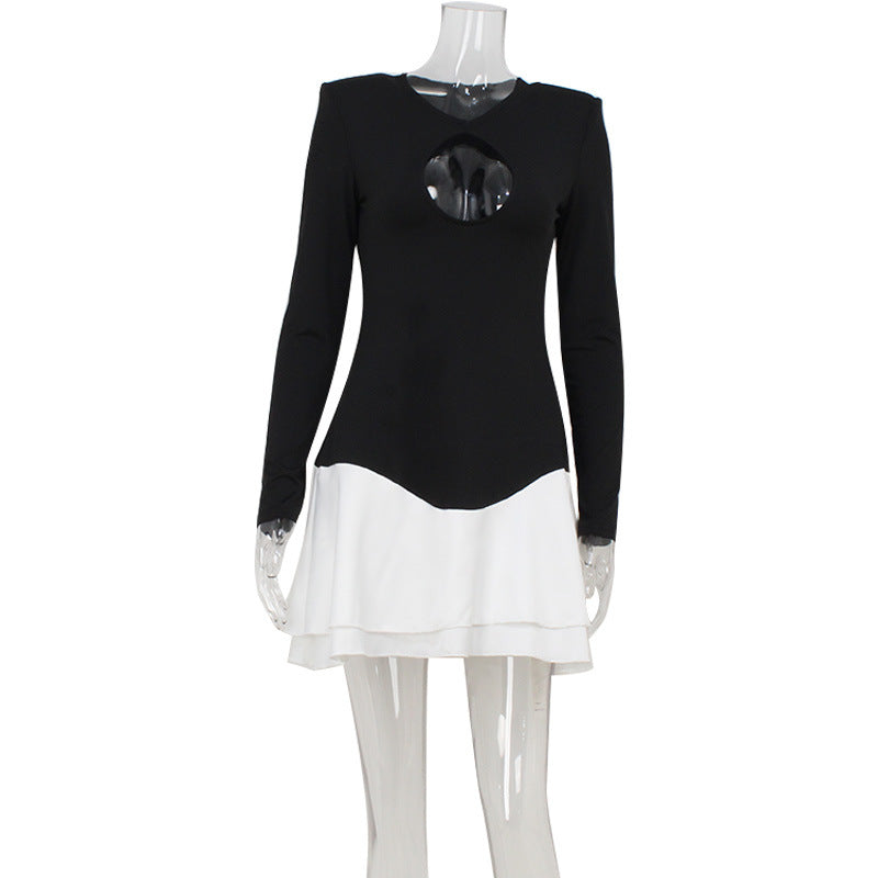 Sexy Women Chest Hollow Out Cutout out Long Sleeve Color Matching Slim Slimming Sexy Dress Women