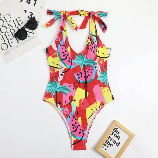 Multi Color Printed Heart Collar Bow Ladies Triangle One Piece Beauty Back Sexy Swimsuit Bikini Bella Mia