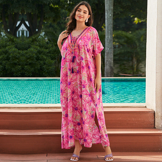 Rayon Printed Beach Cover up Vacation Maxi Dress Loose Robe Bikini Cover-up Sun Protection Shirt Bella Mia