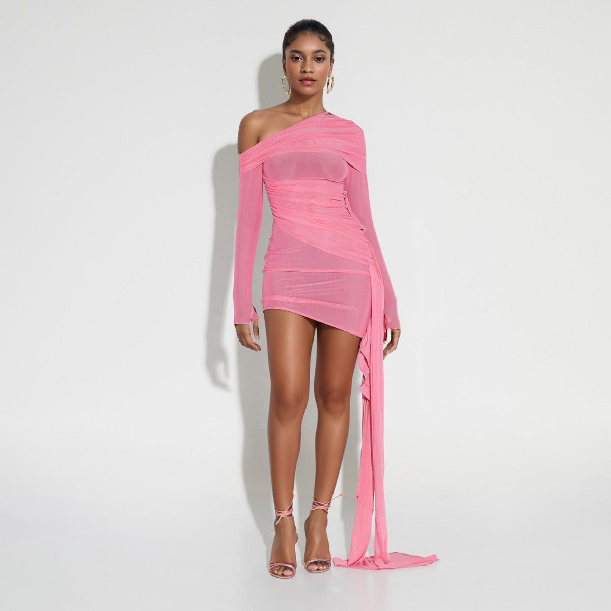 Spring Summer Women Wear Off Neck Design Sexy Pleated Dress Dopamine Sexy