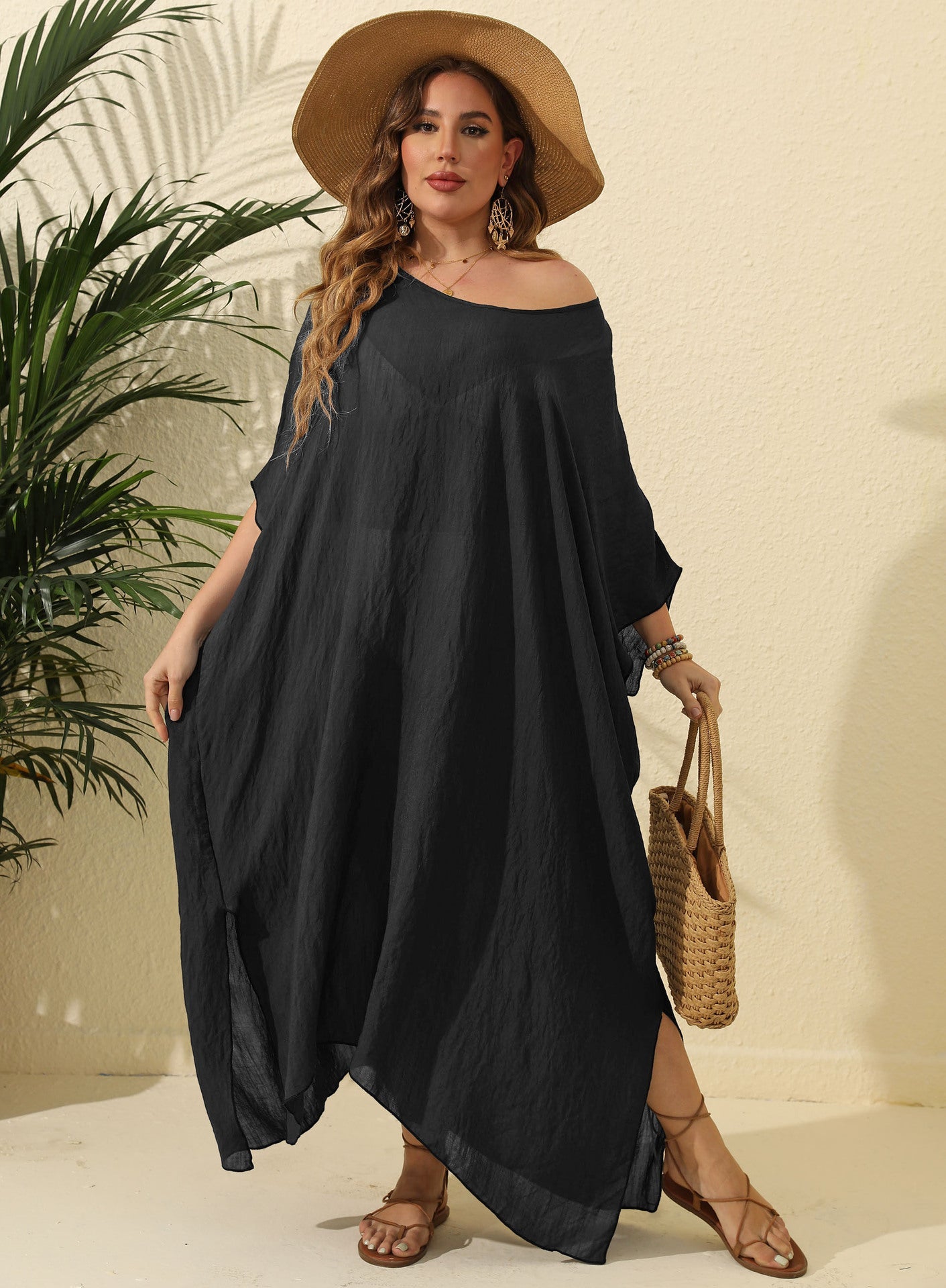 Women Clothes Solid Color Loose Blouse Beach Vacation Split Mop Dress