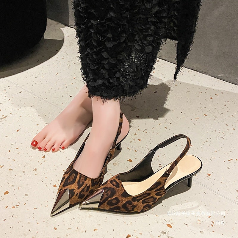 Hollow Out Cutout Pointed High Heel Back Open Shoes Women Stiletto Leopard Print Sandals