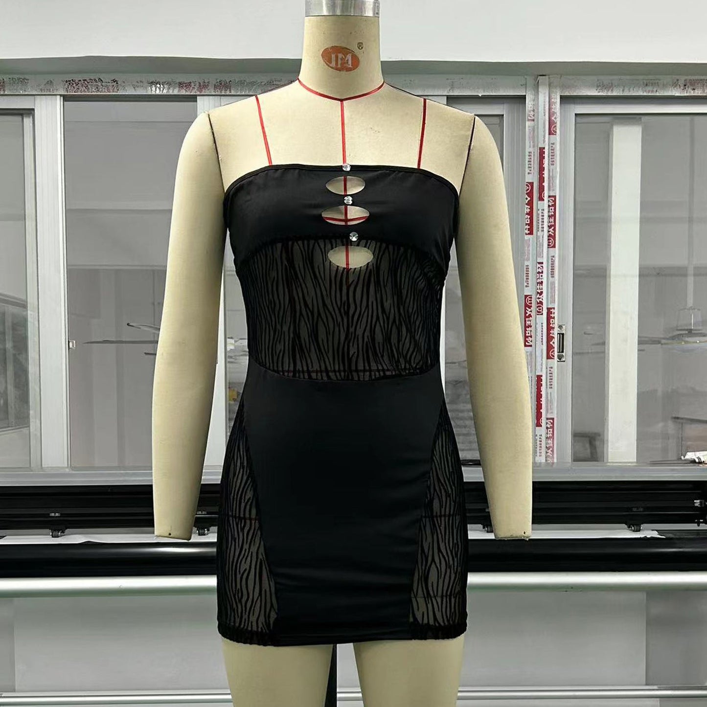 Summer Beaded Tube Top Dress Hollow Out Cutout Out Mesh Stitching See Through Sheath Sexy Short Dress Women