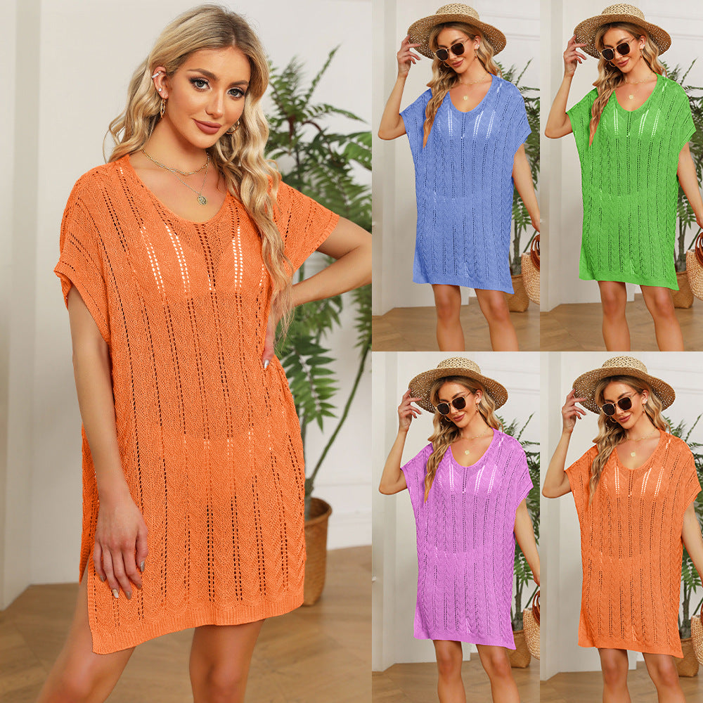 Spring Summer Women Clothing V-neck Solid Color Hollow Out Cutout Beach Dress Loose plus Size Blouse