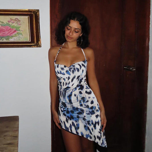 Socialite Elegant Sexy Irregular Asymmetric Leopard Print Halter Dress Women Autumn Bella Mia