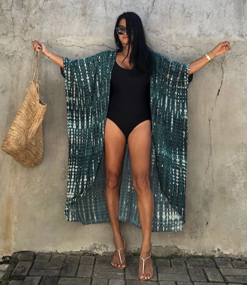 Rayon Tie-Dyed Floral Cardigan Holiday Casual Beach Bikini Cover with Straps 17 Colors