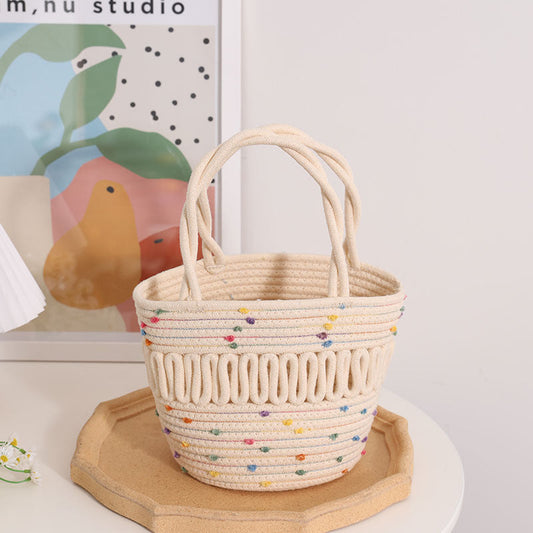 Cute Colorful Beanie Small Basket Niche Hollow Out Cutout Bucket Woven Bag Women Handheld Straw Bag Bella Mia