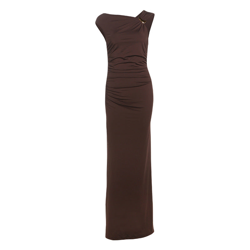 Spring Summer Women Sexy Diagonal Collar High Waist Figure Flattering Sheath Solid Color Dress