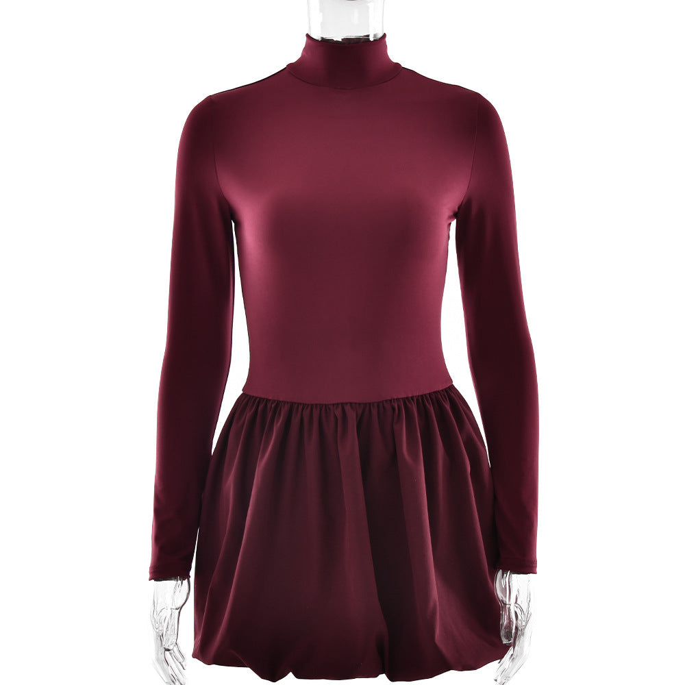 Elegant Slim Fit Women Dress Sexy Turtleneck Long Sleeved Tight Waist Pleated A line Dress