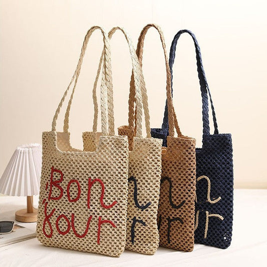 Letter Graphic Embroidery One Shoulder Straw Bag Hollow Out Cutout out Straw Bag Woven Bag Vacation Beach Bag Women Bag Bella Mia