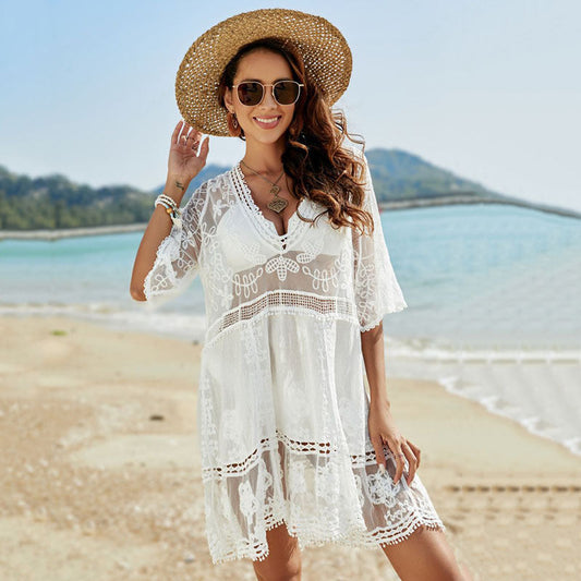 Lace Patchwork Embroidered Beach Blouse Sexy Seaside Vacation Sun Protection Shirt Beach Cover Up Bella Mia