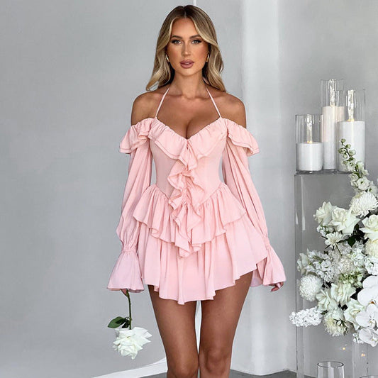 Women Clothing Autumn Sexy Halter Low Cut Ruffled Long Sleeve Romper Bella Mia