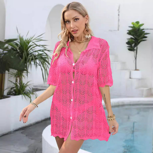 Women Beach Vacation Sun Protection Shirt Hollow Out Cutout Woven Shirt Polo Collar Coat Beach Cover Up Bella Mia