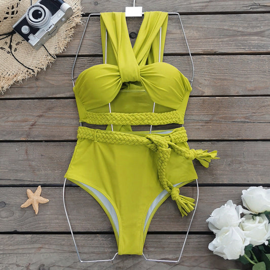 Solid Color Braid Rope High Waist with Straps Bikini Split Swimsuit Women Bikini Bella Mia
