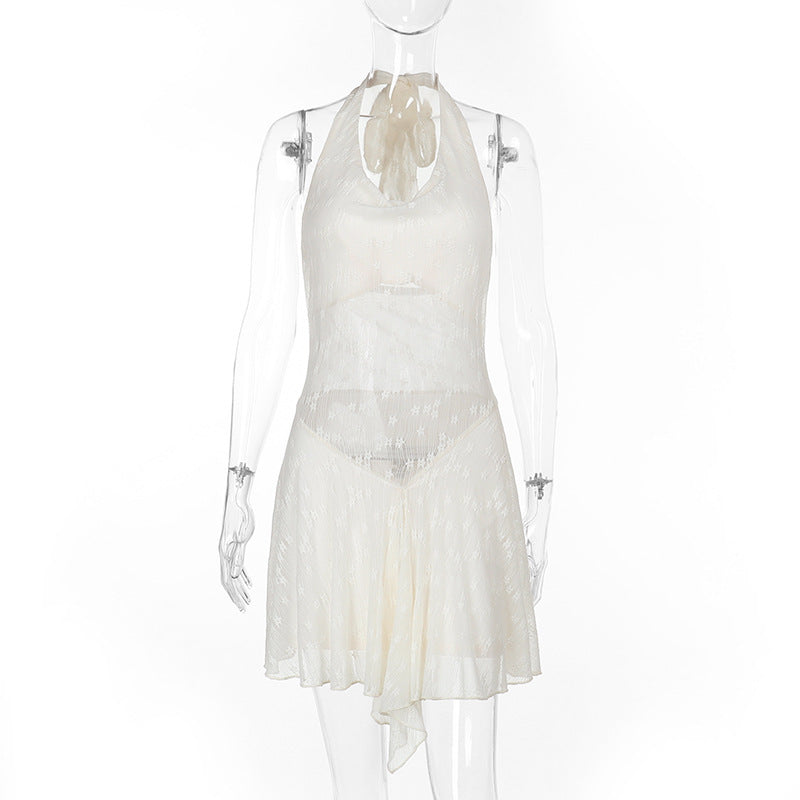 Sexy Backless Halter Sexy Lace Stitching Dress Women Vacation Short Women