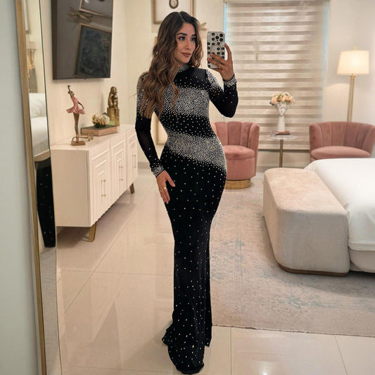 Half Turtleneck Sexy Sheath Maxi Dress Party Rhinestone Bella Mia