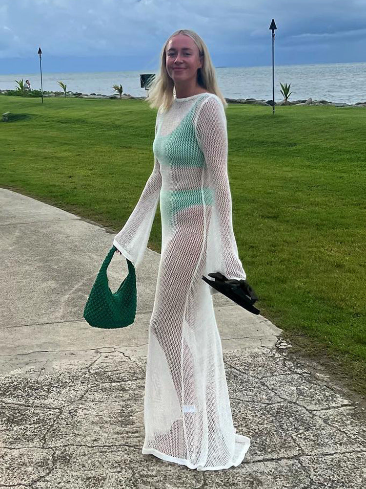 Knitted Hollow Out Cutout out See through Backless Dress Sexy Two Way Seaside Vacation Sun Protection Dress for Women