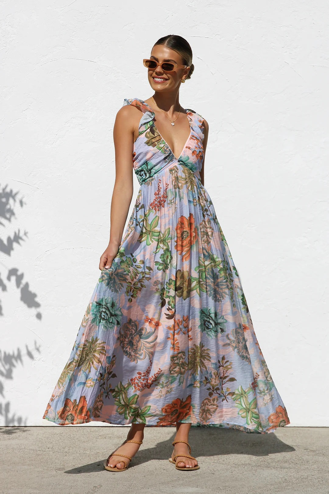 Summer Dress Same Printed V neck Large Swing Strap Dress Women