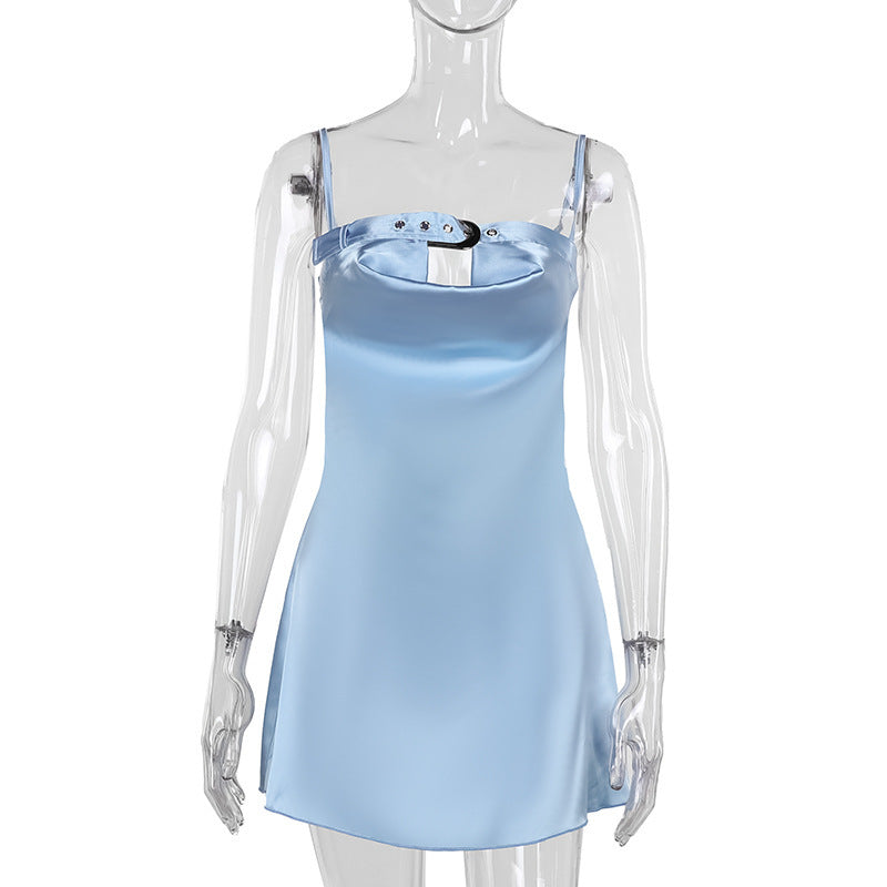 Summer Sexy Sexy Strap Adjustable Pocket Collar Satin Dress Women Bella Mia