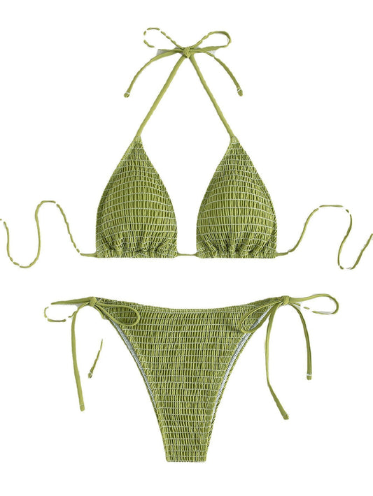 Printing Halter Spaghetti Straps Sexy Bikini Pleated Lace up Triangle Spring Split Swimsuit Bella Mia