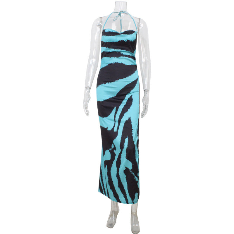 Summer High Grade Women Clothing Swing Collar Sling Waist Tight High Slit Printing Dress