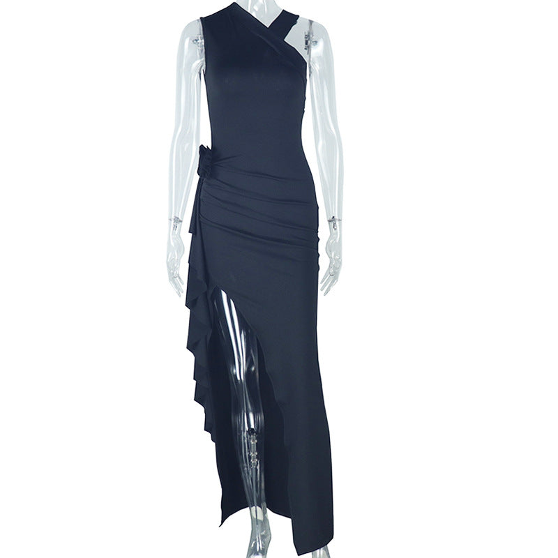 Solid Color Women Clothing Elegant Slim Fold Split off the Shoulder Asymmetric Sleeveless Turtleneck Dress