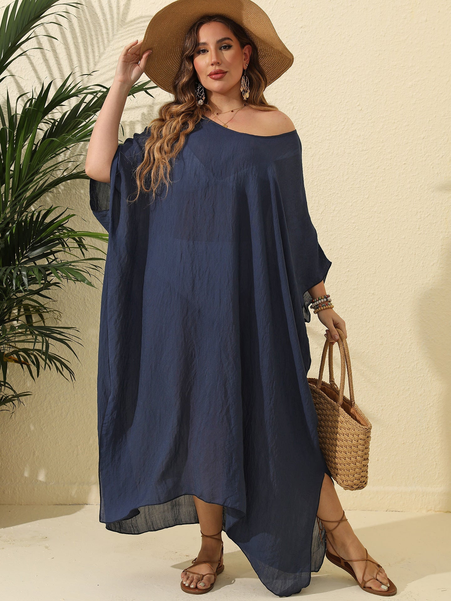 Women Clothes Solid Color Loose Blouse Beach Vacation Split Mop Dress