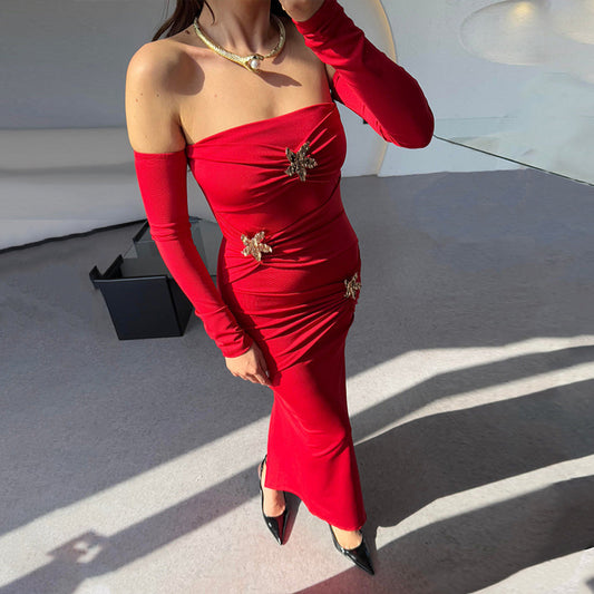 Pleated Long Sleeved Women Dress Fashionable Sexy Sheath Slim Fit Dress Bella Mia