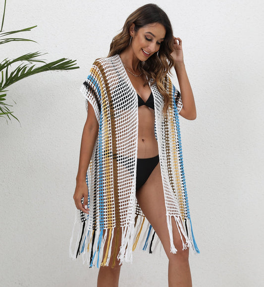 Beach Cover up Women Clothing Loose Woven Shirt Color Contrast Patchwork Tassel Beach Cover Up Cardigan Bella Mia