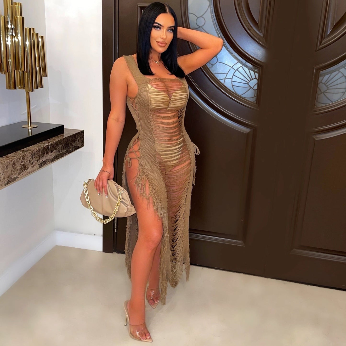 Spring Summer Women Dress Sexy Hollow Out Cutout Beach Cover Up Tassel Beach Dress