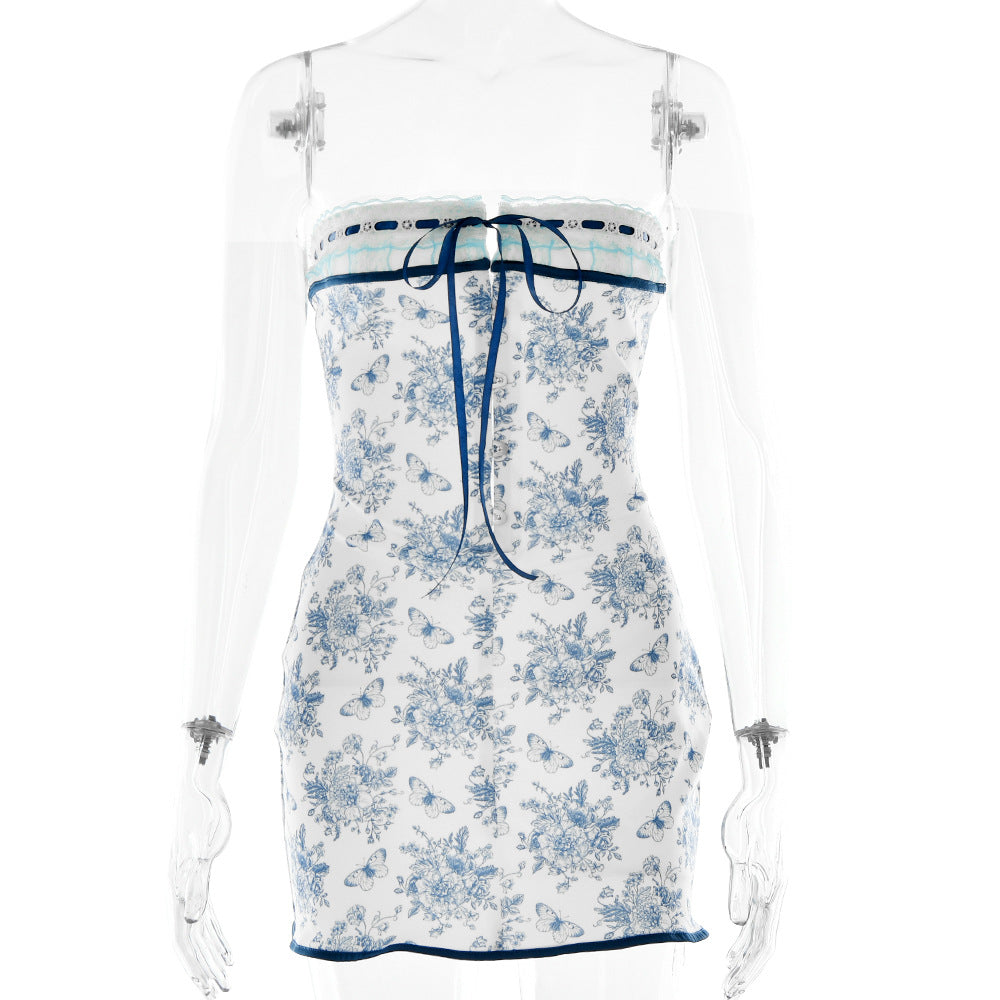 Spring Summer Printed Dress Sexy Backless Lace up Tube Top Lace Hip for Women