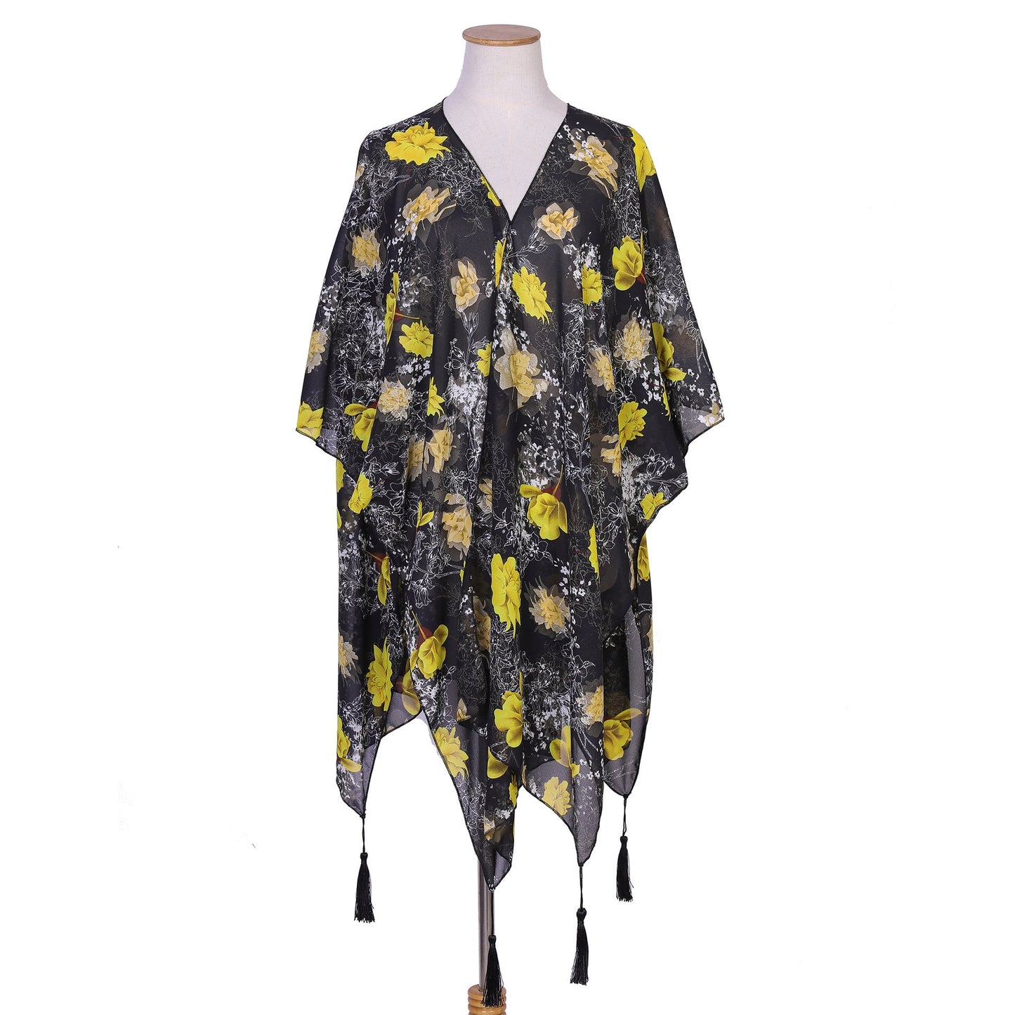 Summer Colorful Floral Print Tassel Sunshade Casual Sun Proof Sun Protection Clothing Mid Length Blouse