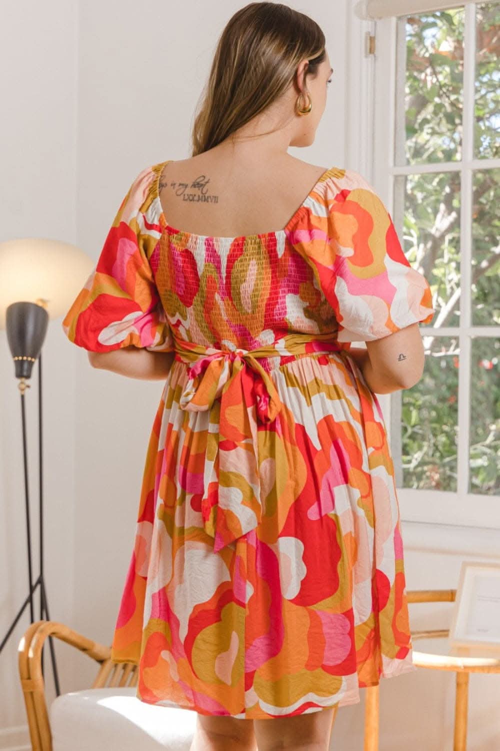 ODDI Full Size Printed Tied Back Short Sleeve Mini Dress - Love Salve