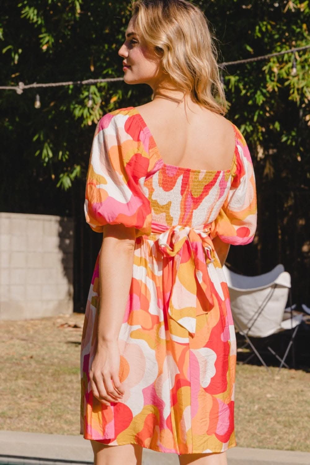 ODDI Full Size Printed Tied Back Short Sleeve Mini Dress - Love Salve