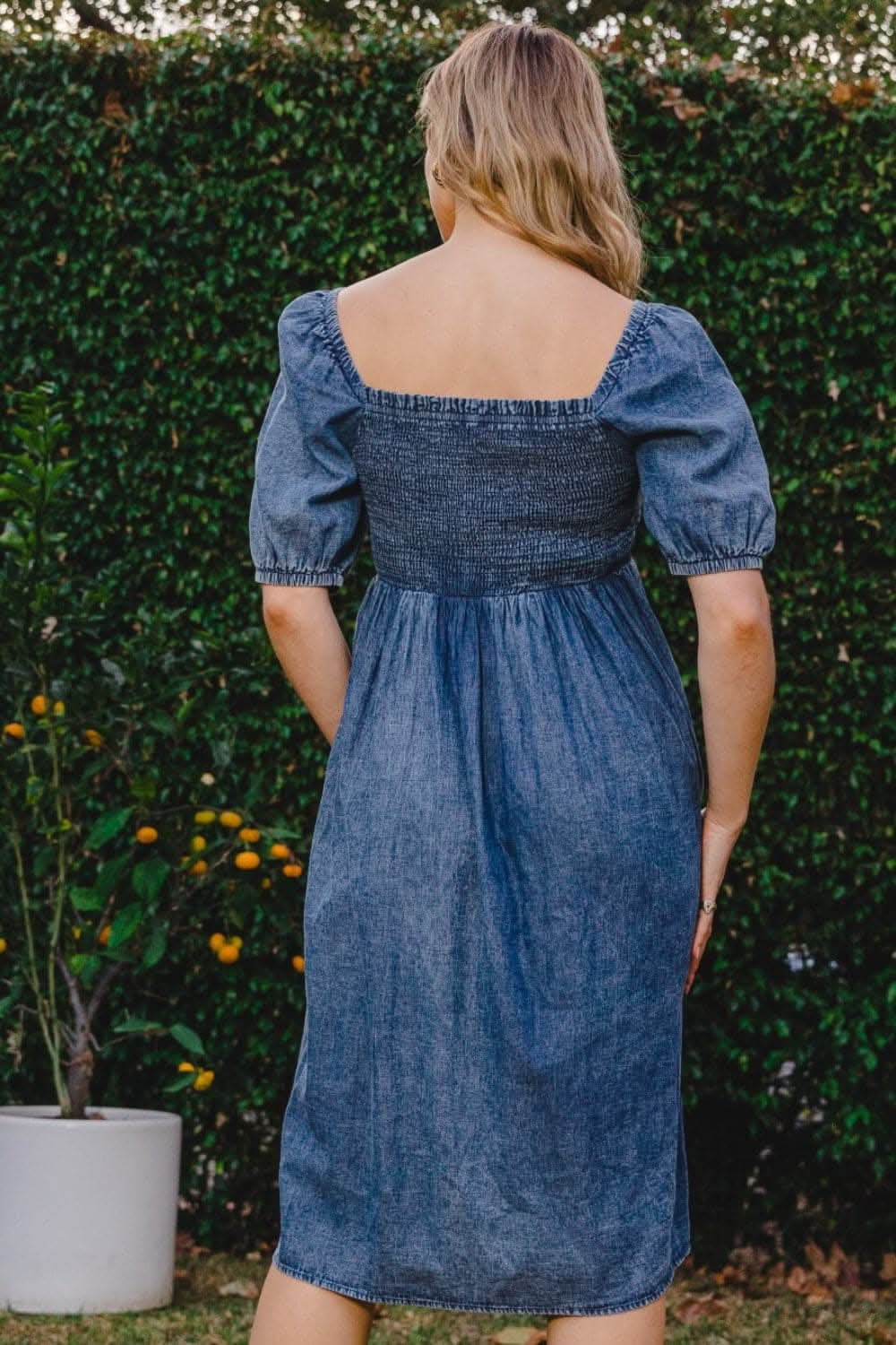 ODDI Full Size Washed Smocked Puff Sleeve Dress Chic - Love Salve