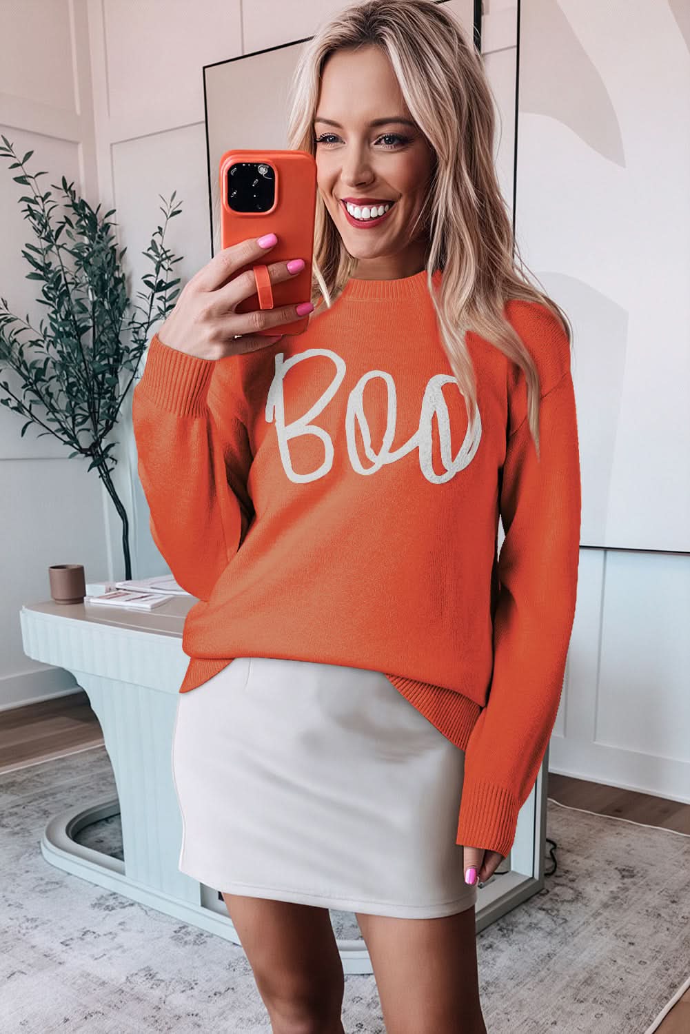 Orange Boo Knitted Pattern Ribbed Edge Drop Shoulder Sweater - Love Salve
