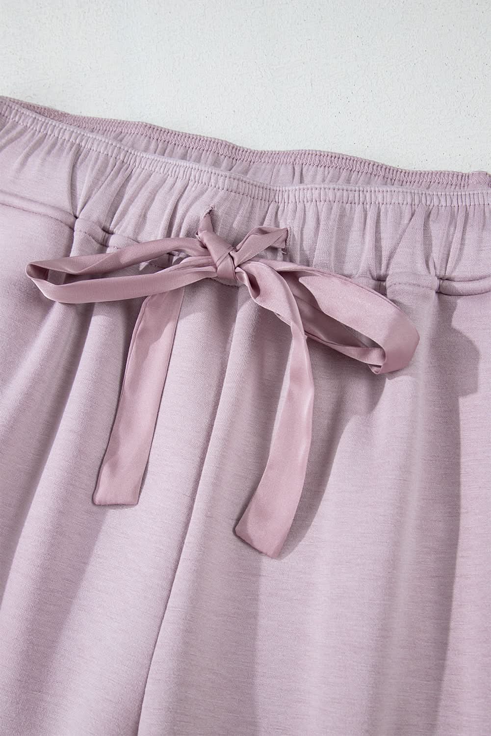 Orchid Petal Drawstring Waist Satin Stripe Patch Straight Leg High Waist Pants - Love Salve