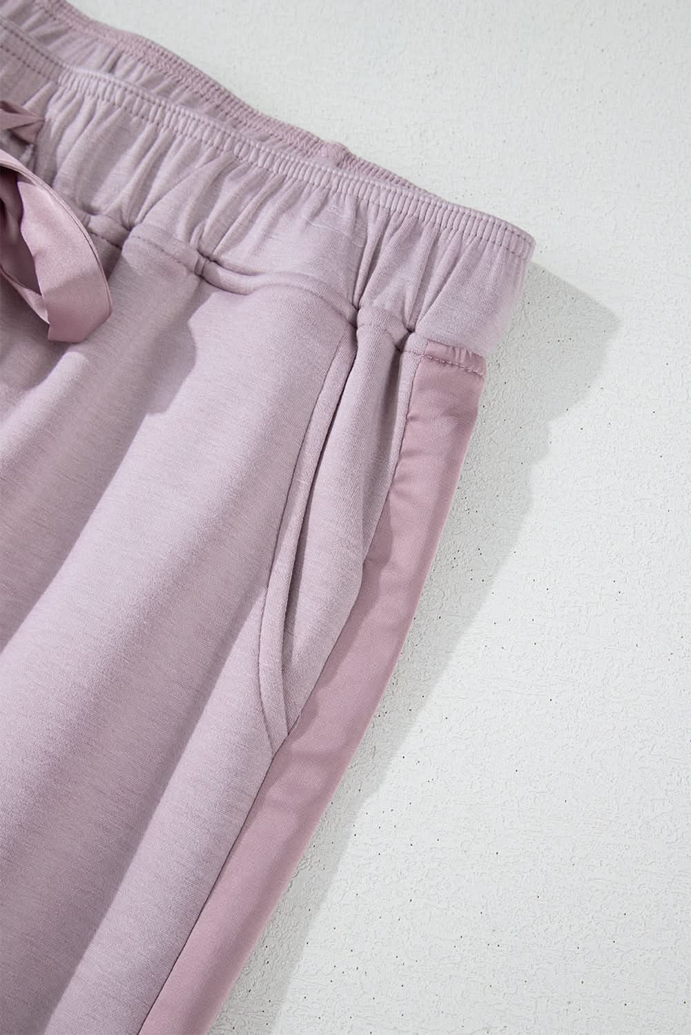 Orchid Petal Drawstring Waist Satin Stripe Patch Straight Leg High Waist Pants - Love Salve