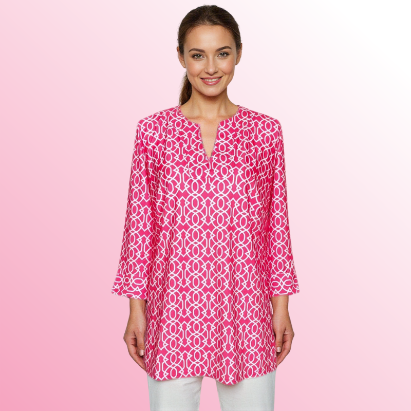 Boca Tunic Top Imperial Trellis Petal Pink White Chic