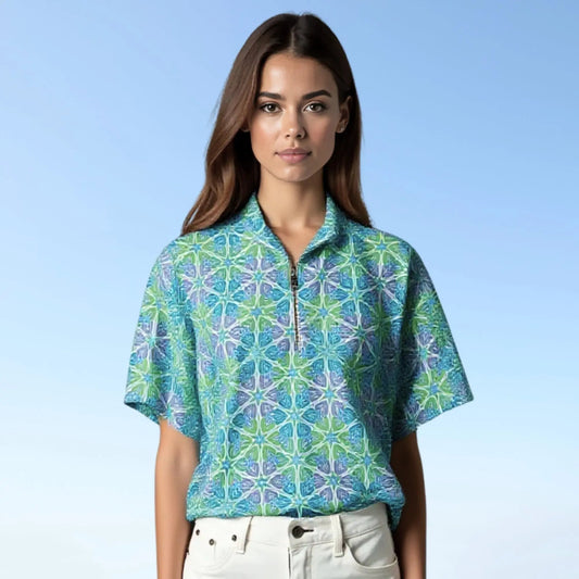 Katherine Way Bayside Short Sleeve Zip Neck Top Flower Burst Katherine Way