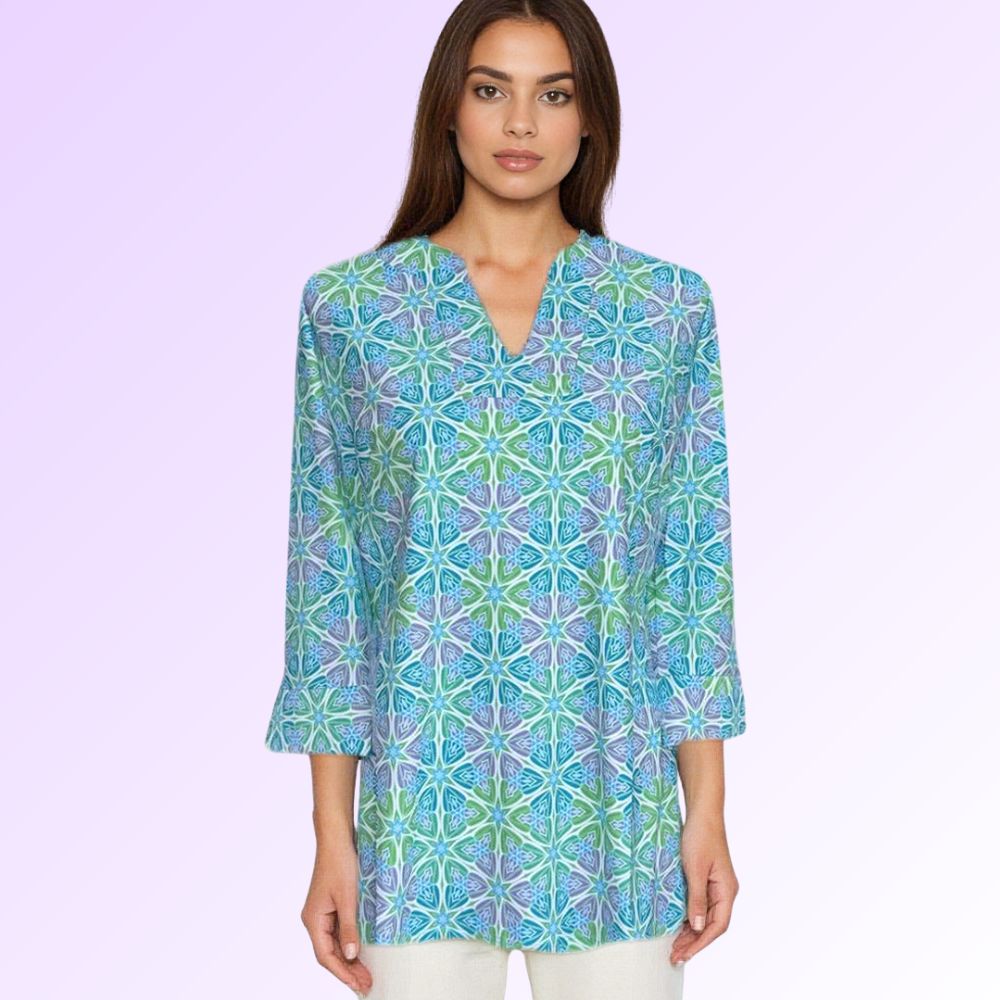 Boca Tunic Top Flower Burst Blue Elegant Relaxed Fit