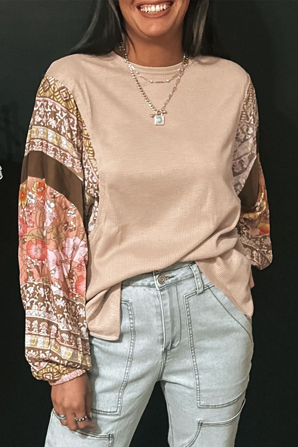 Parchment Contrast Floral Patchwork Puff Sleeve Waffle Knit Top - Love Salve
