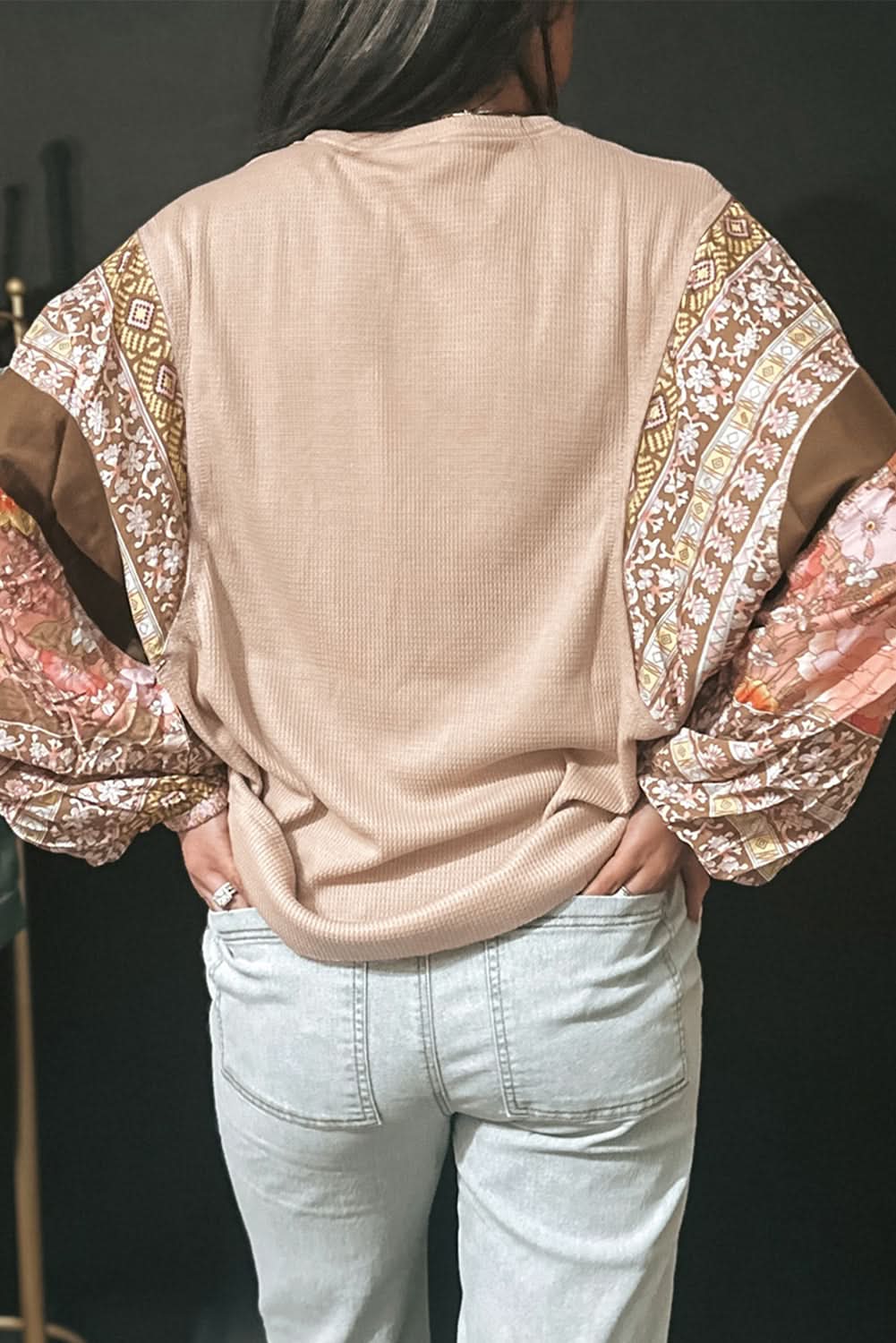 Parchment Contrast Floral Patchwork Puff Sleeve Waffle Knit Top - Love Salve