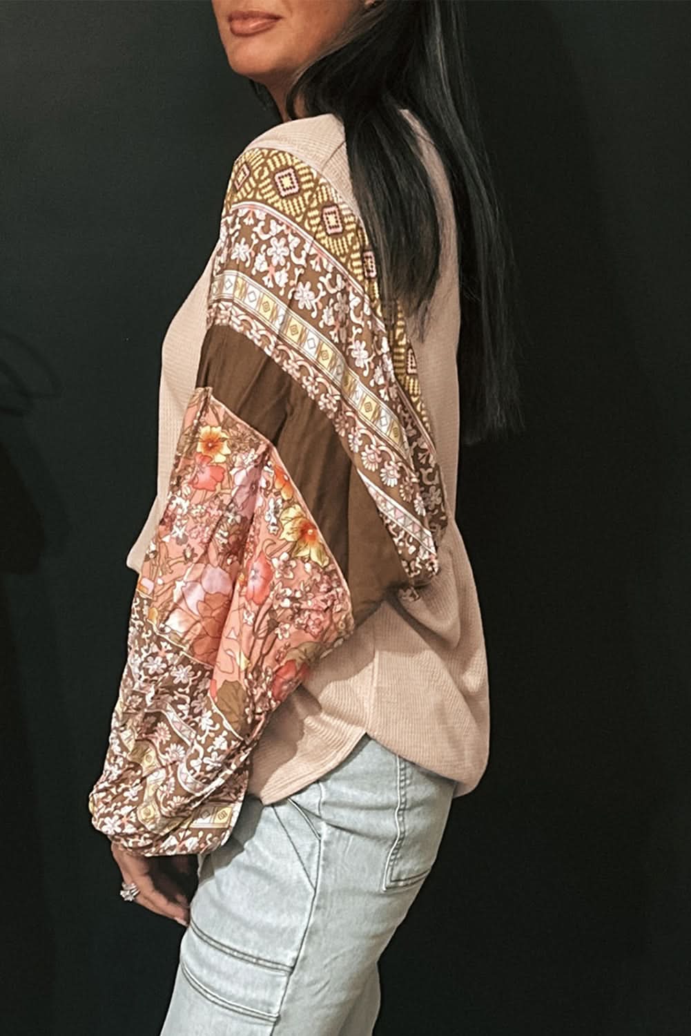 Parchment Contrast Floral Patchwork Puff Sleeve Waffle Knit Top - Love Salve