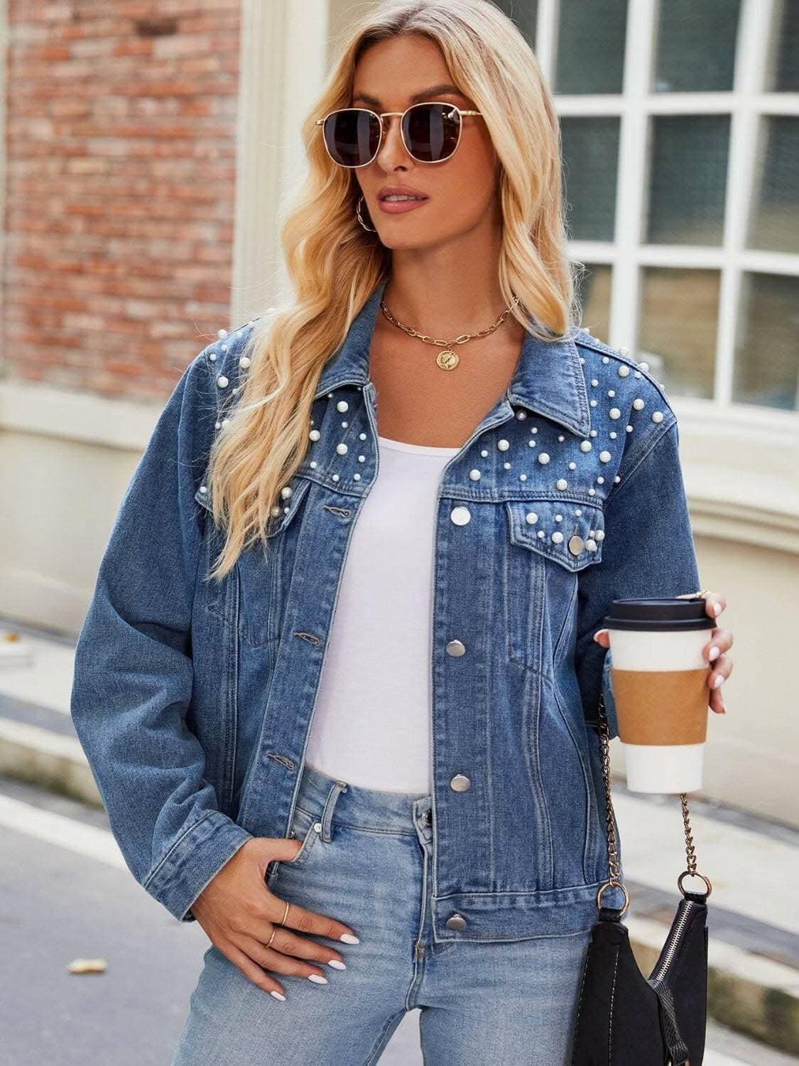 Pearl denim jacket with pockets - Love Salve