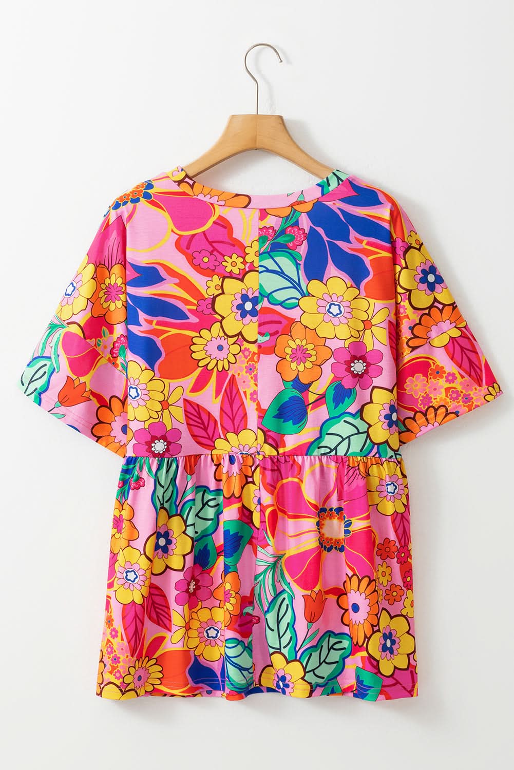 Pink Floral Print Short Sleeve Plus Size Babydoll Blouse - Love Salve